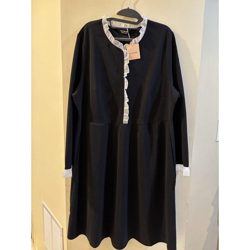 Bloomchic Women's Size 18-20 NWT Black Long sleeve Dress With White Ruffle Detai